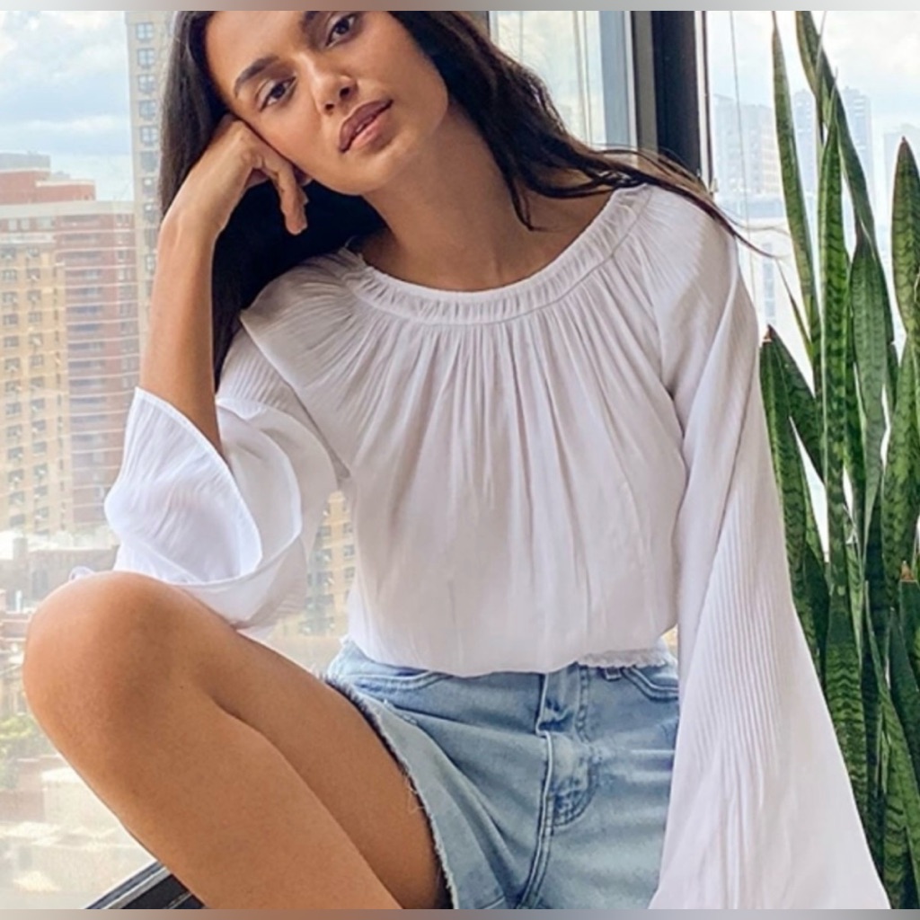 Ramy Brook White Pleated Bishop-Sleeve Blouse